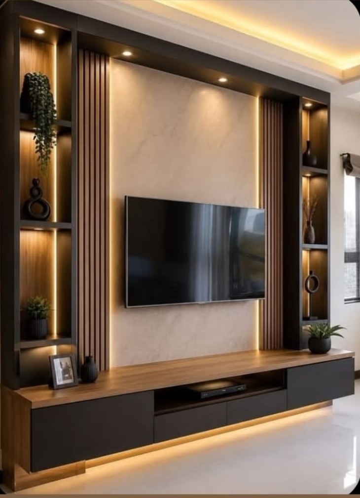 Backlit television feature wall with wood and charcoal finishes