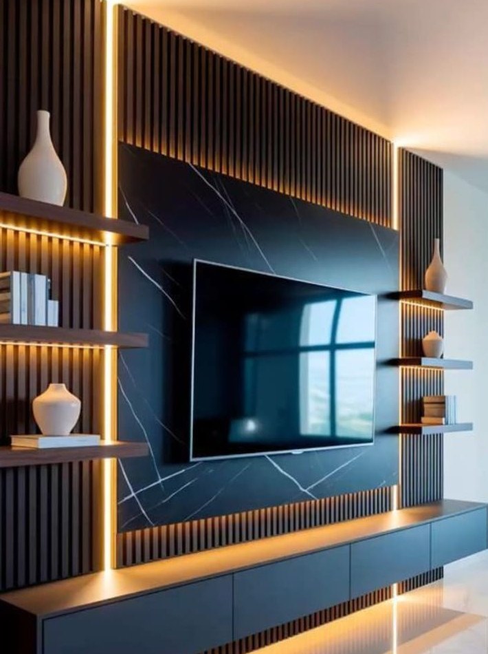 Dark marble television feature wall with fluted wood slats and warm LED lighting